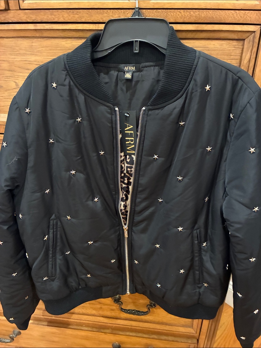 AFRM Black Star-Embroidered Bomber Jacket with Leopard Liner
